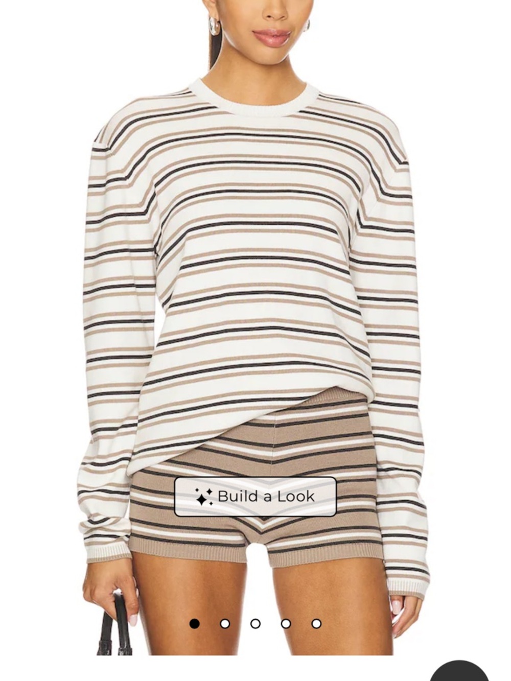 Striped Crewneck Pullover Sweater in Cream and Brown